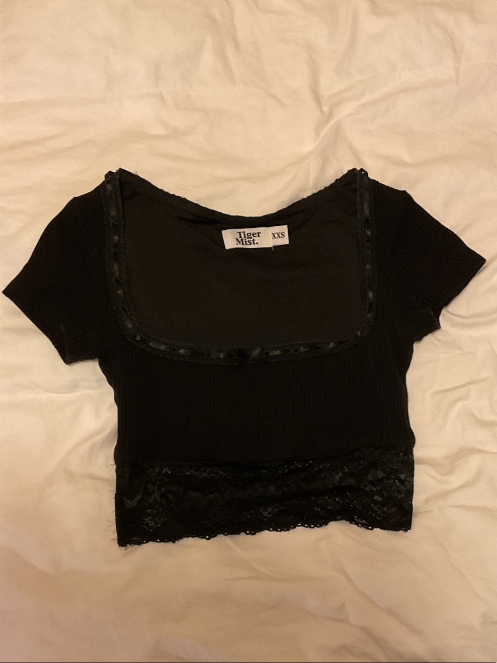 Tiger Mist Black Lace-Trim Square Neck Crop Top